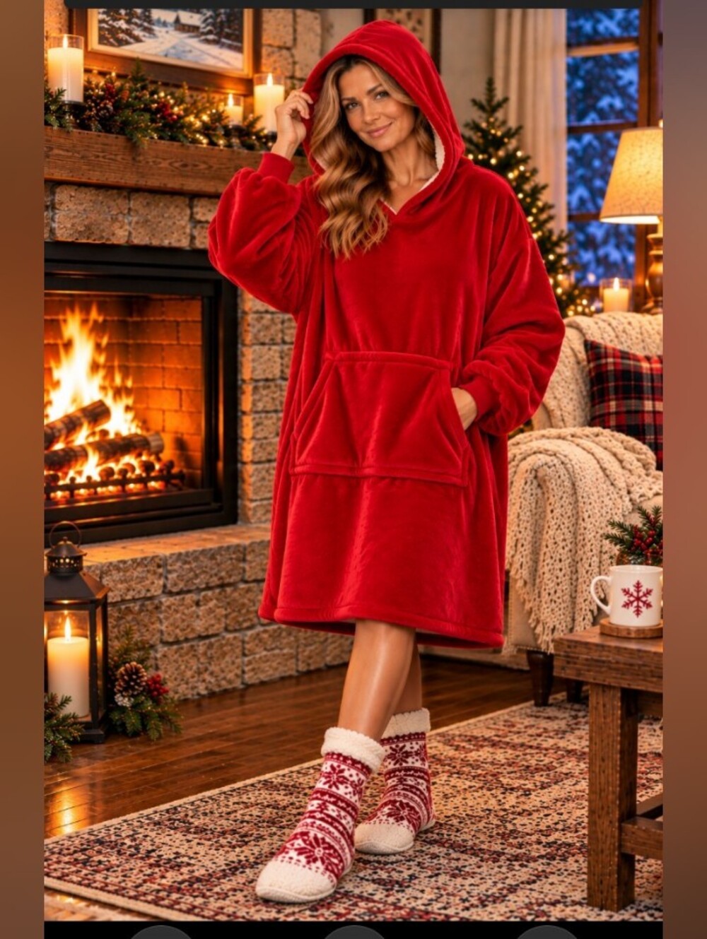 Cozy Oversized Hooded Sherpa Lounge Wear - Red